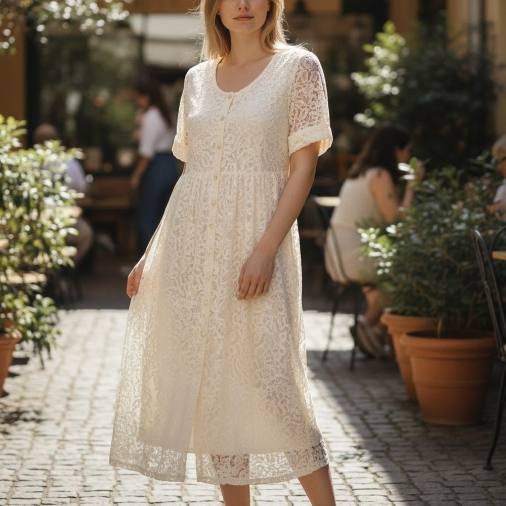VTG 90s Moda Intl Ivory Lace Pearl Button Front Sheer Midi Dress Sz. 4 Victorian